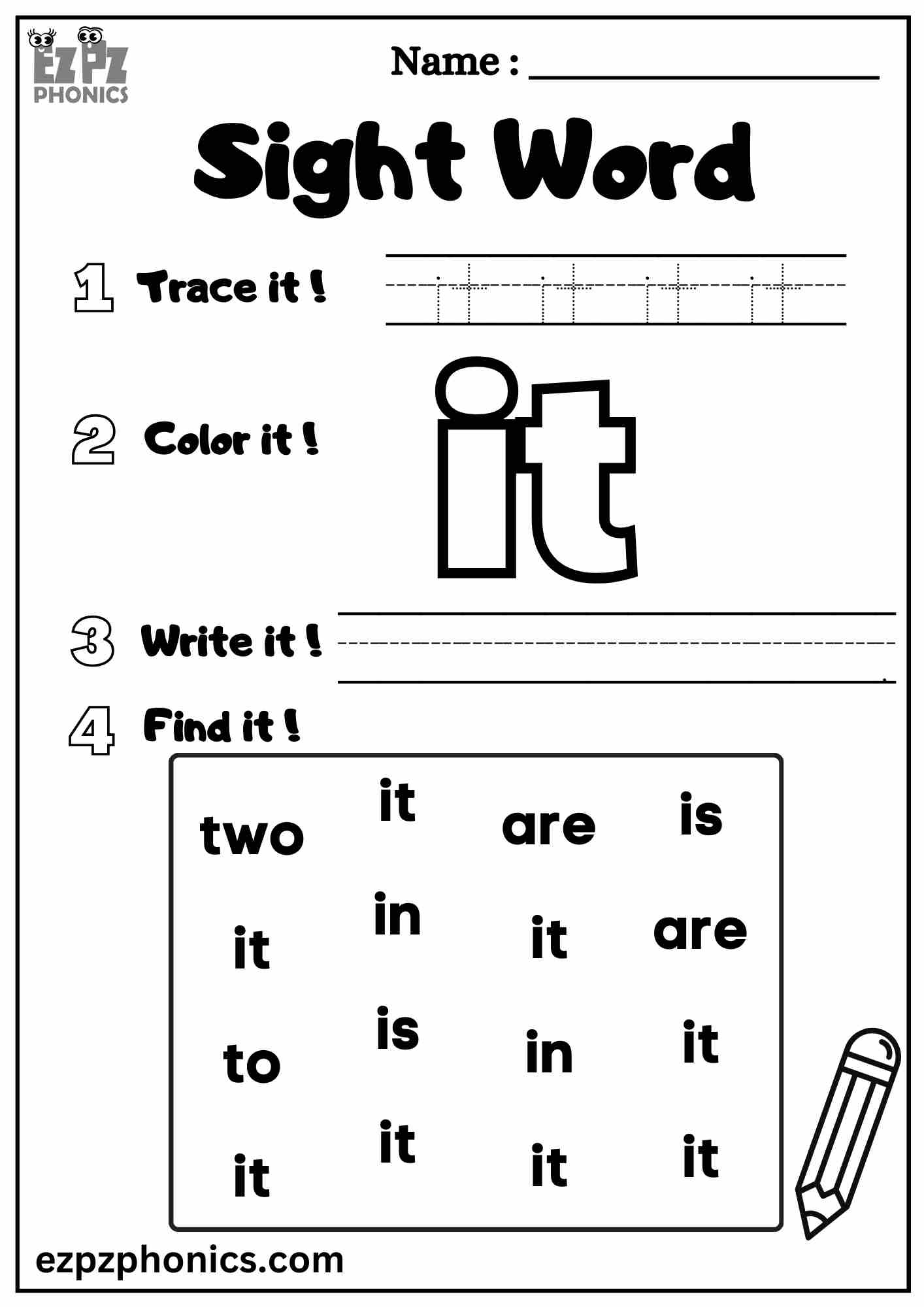 The "It" Sight Word Worksheet for Pre-Kindergarten Students Dolch Sight Words Free PDF Download